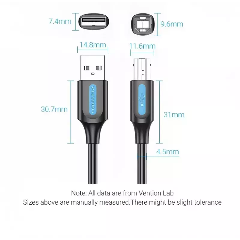 USB 2.0 A-pistik B isasele kaabel Vention COQBJ, 0.5 m, must, PVC kest, 2 A, 0.48 Gbit/s