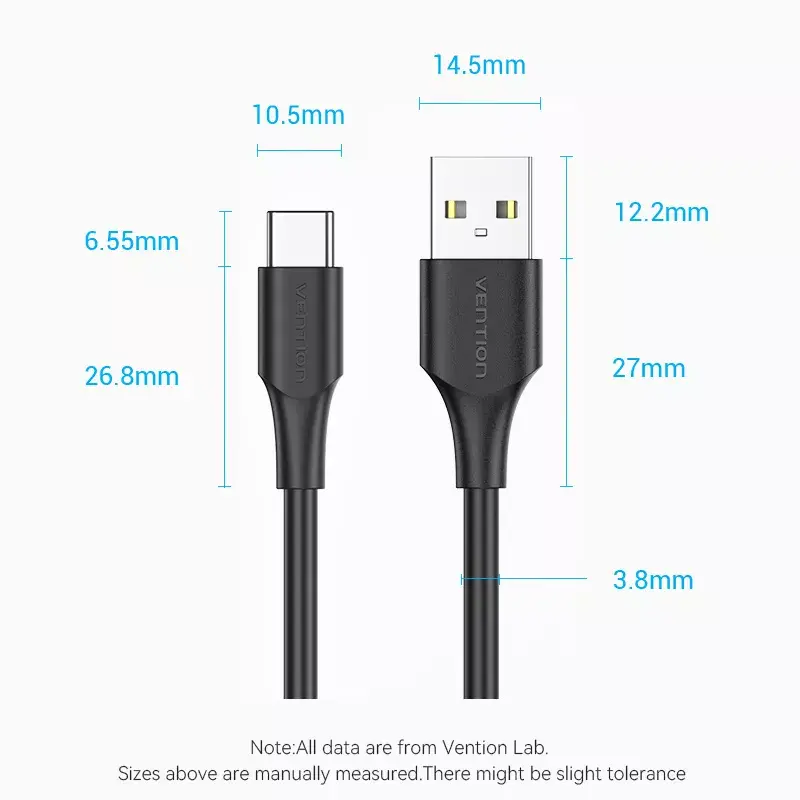 Vention USB 2.0 A-isane C-isasele 3A kaabel 0,25M Must