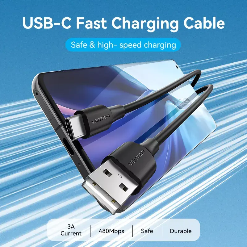 Vention USB 2.0 A-isane C-isasele 3A kaabel 0,25M Must
