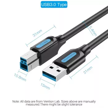 Vention USB 3.0 A–B kaabel 3 m — USB 3.2 Gen 1 (5 Gbit/s), must, nikkeldatud pistikud
