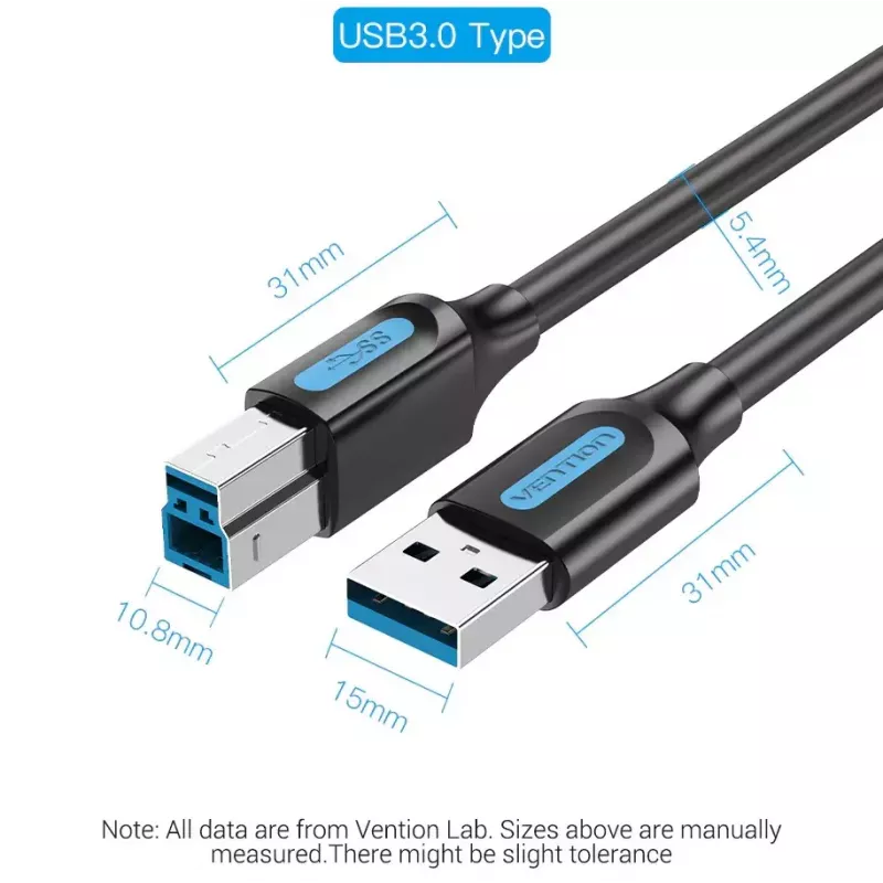 Vention USB 3.0 A–B kaabel 3 m — USB 3.2 Gen 1 (5 Gbit/s), must, nikkeldatud pistikud