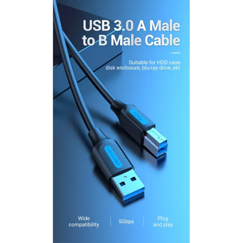 Vention USB 3.0 A–B kaabel 3 m — USB 3.2 Gen 1 (5 Gbit/s), must, nikkeldatud pistikud