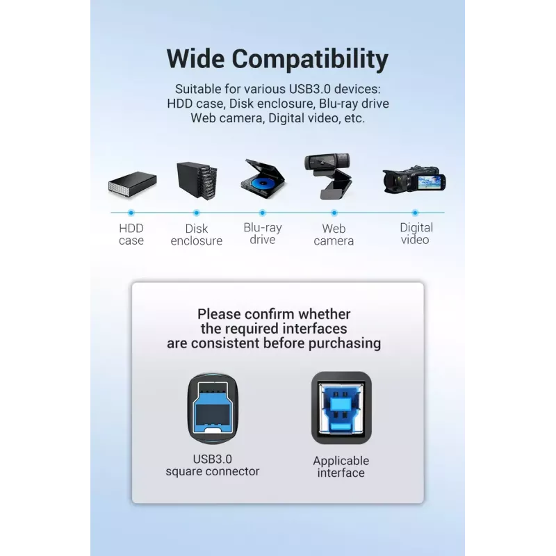 Vention USB 3.0 A–B kaabel 3 m — USB 3.2 Gen 1 (5 Gbit/s), must, nikkeldatud pistikud