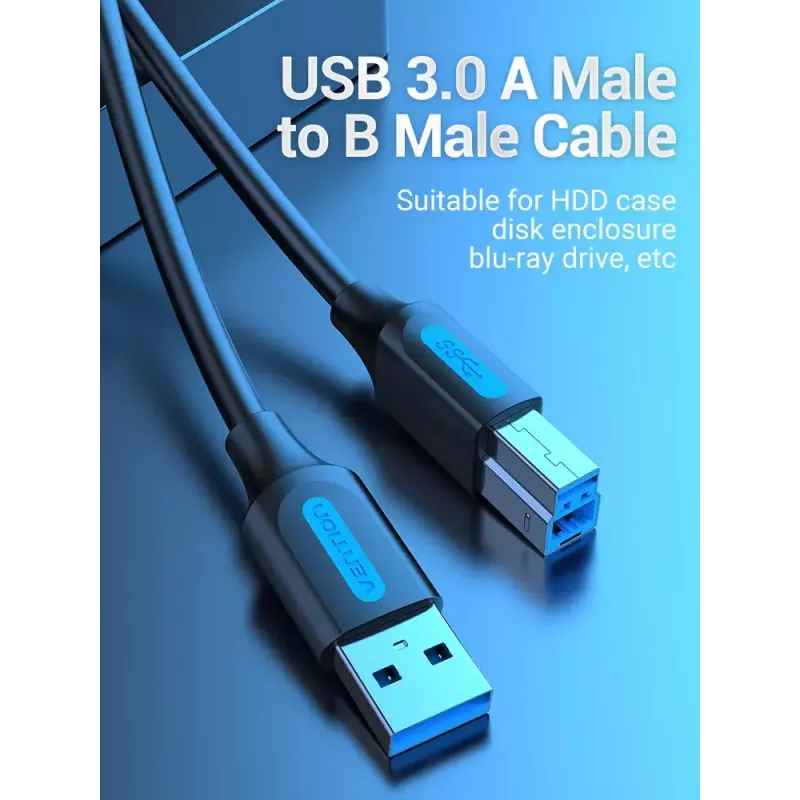 Vention USB 3.0 A–B kaabel 3 m — USB 3.2 Gen 1 (5 Gbit/s), must, nikkeldatud pistikud
