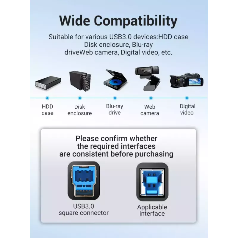 Vention USB 3.0 A–B kaabel 3 m — USB 3.2 Gen 1 (5 Gbit/s), must, nikkeldatud pistikud
