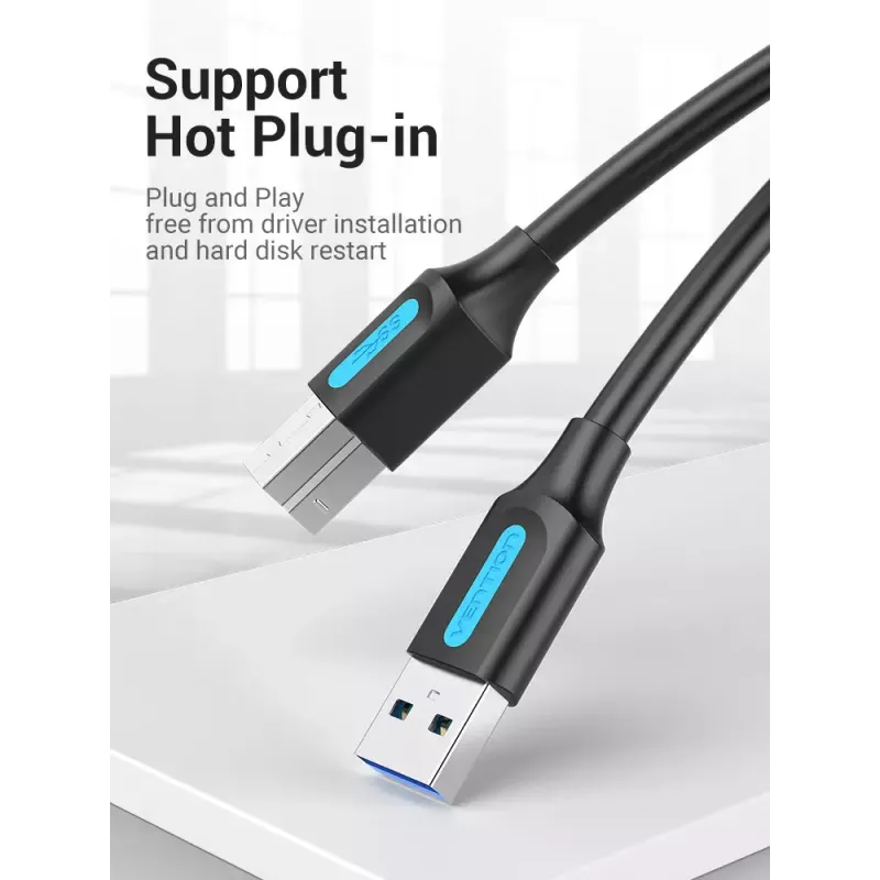 Vention USB 3.0 A–B kaabel 3 m — USB 3.2 Gen 1 (5 Gbit/s), must, nikkeldatud pistikud