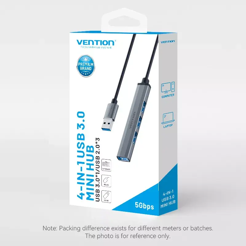 USB-jaotur Vention CKOHB – 4-pordiline USB 3.2 Gen 1/USB 2.0 jaotur, 0,15 m kaabel, hall alumiinium