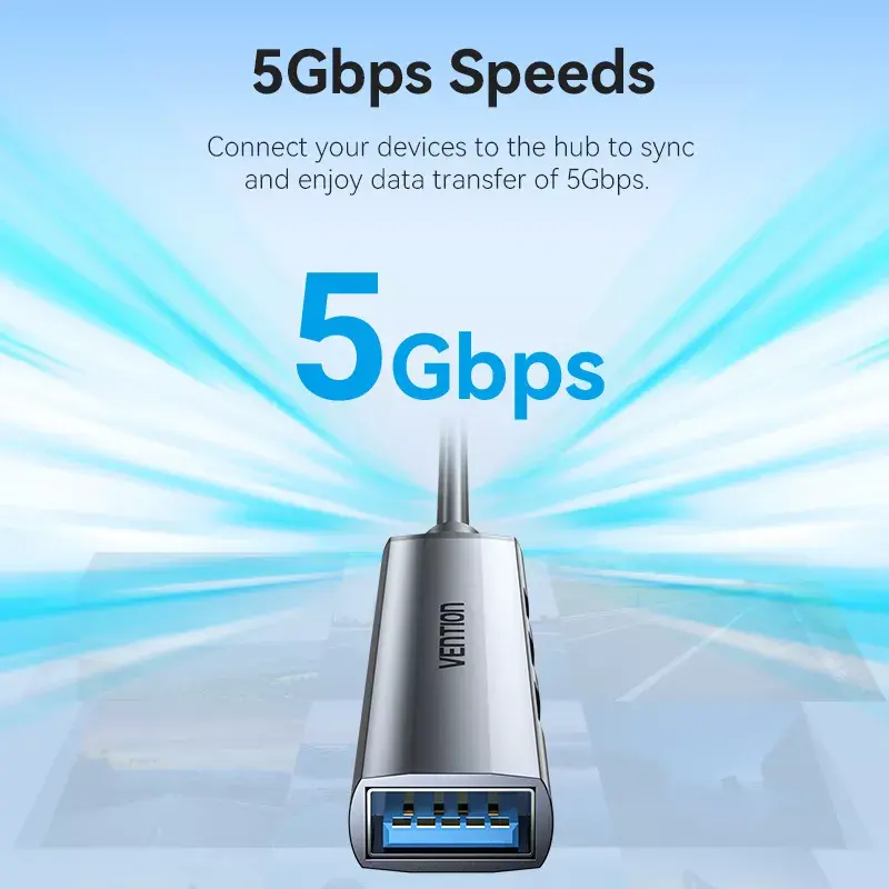 USB-jaotur Vention CKOHB – 4-pordiline USB 3.2 Gen 1/USB 2.0 jaotur, 0,15 m kaabel, hall alumiinium