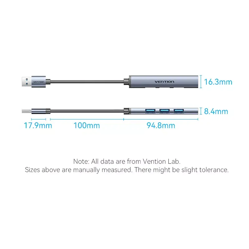 USB-jaotur Vention CKOHB – 4-pordiline USB 3.2 Gen 1/USB 2.0 jaotur, 0,15 m kaabel, hall alumiinium