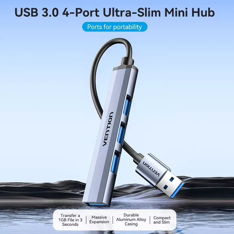 USB-jaotur Vention CKOHB – 4-pordiline USB 3.2 Gen 1/USB 2.0 jaotur, 0,15 m kaabel, hall alumiinium