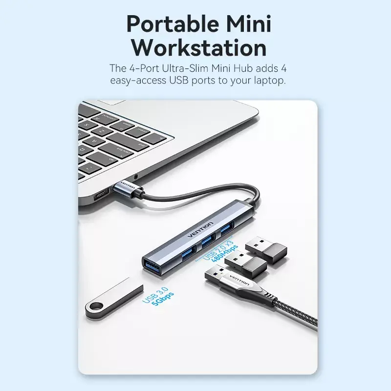 USB-jaotur Vention CKOHB – 4-pordiline USB 3.2 Gen 1/USB 2.0 jaotur, 0,15 m kaabel, hall alumiinium