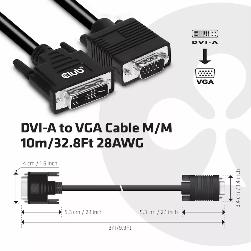 DVI-A to VGA kaabel M/M CLUB3D CAC-1243 3m 28 AWG must
