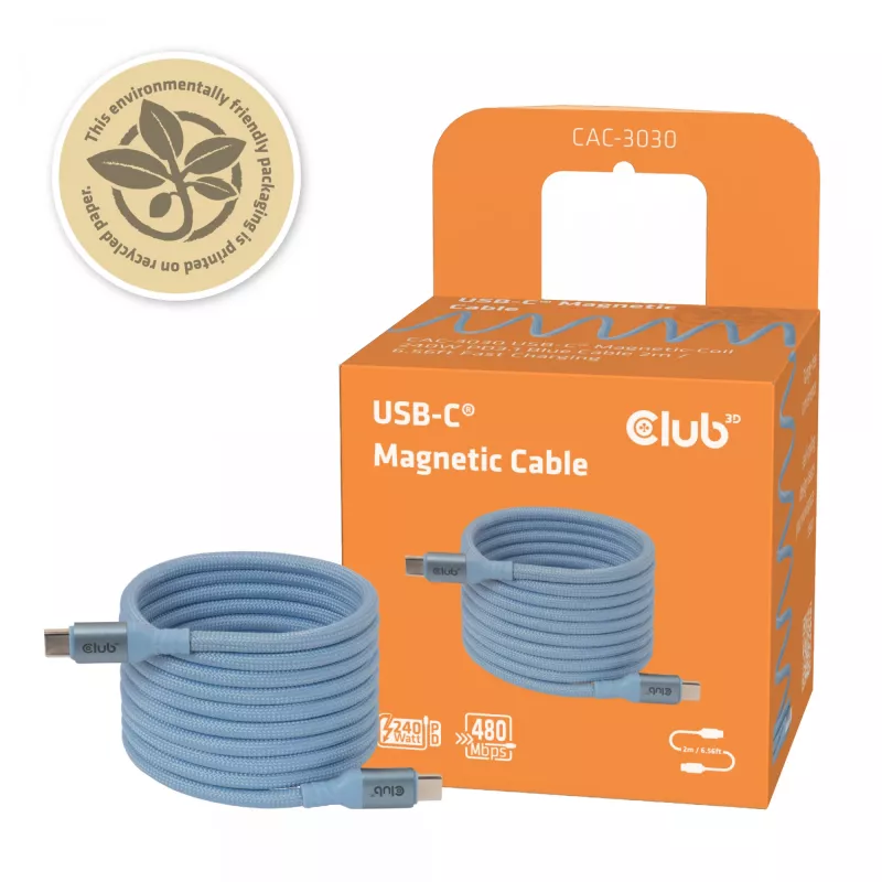 CLUB3D USB-C® Magnetic-Coil 240W PD3.1 Blue kaabel 2m / 6.56ft Fast Charging