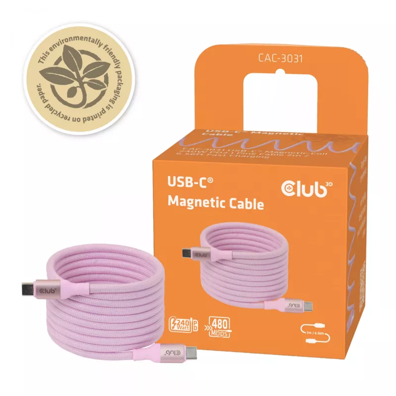 CLUB3D USB-C Magnetspiraal 240W Roosa Kaabel 2m USB 2.0