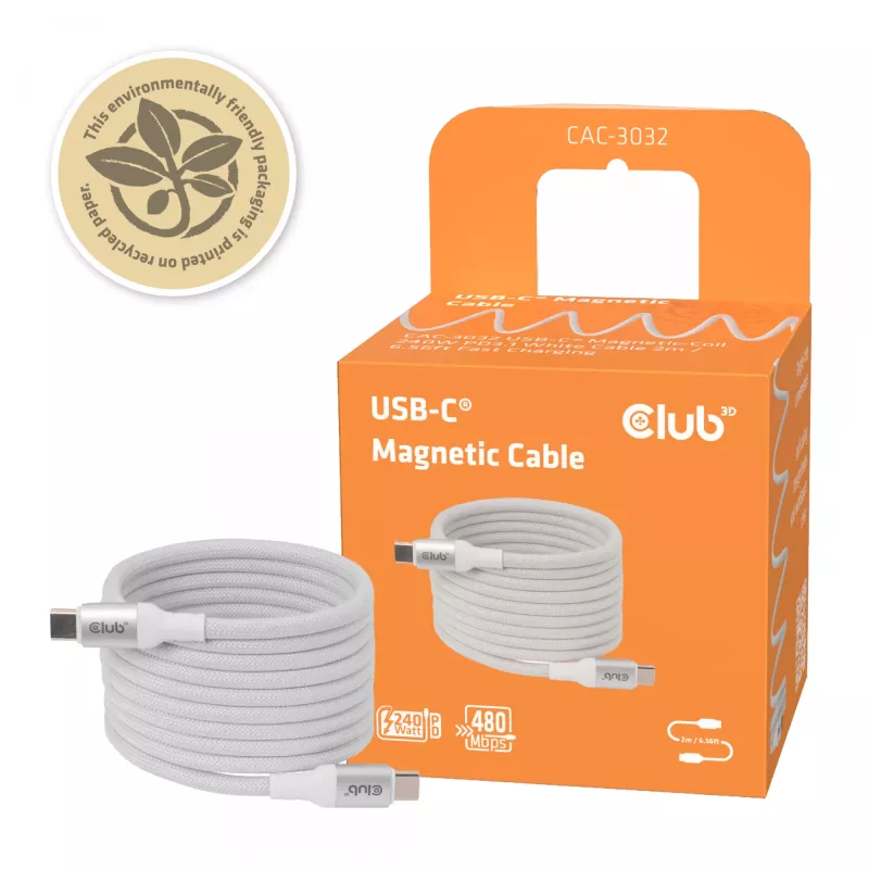 USB-C magnetpooliga kaabel Club 3D CAC-3032 — valge, magnetpooli disain laadimiseks ja andmeedastuseks