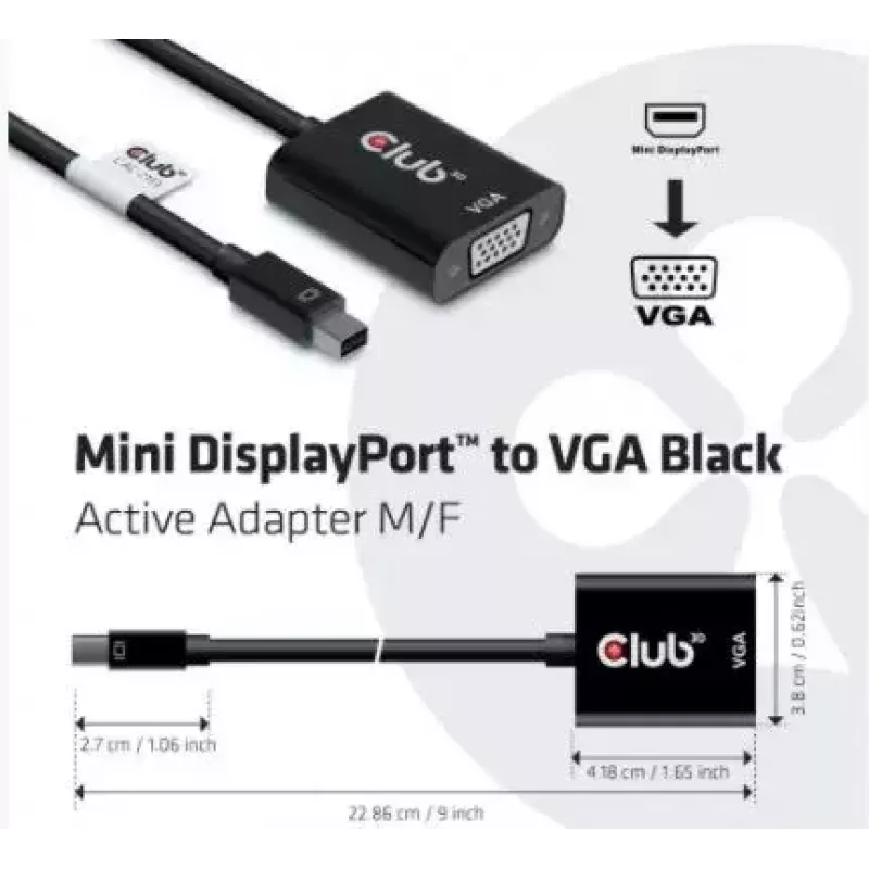 CLUB3D MiniDisplayPort™ VGA-le Must aktiivne adapter I/E