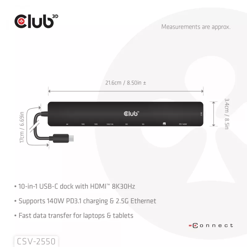 CLUB3D 10-1 kaasaskantav dokk USB USB-C® 10Gbps HDMI™-le 8K30Hz PD3.1 max 140W