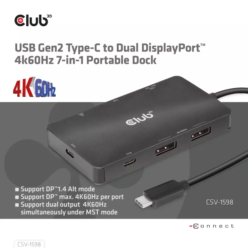 CLUB3D USB Gen2 USB-C to Dual DisplayPort 4k60Hz 7-in-1 HUB
