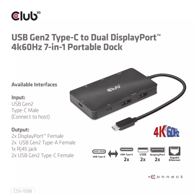 CLUB3D USB Gen2 USB-C to Dual DisplayPort 4k60Hz 7-in-1 HUB