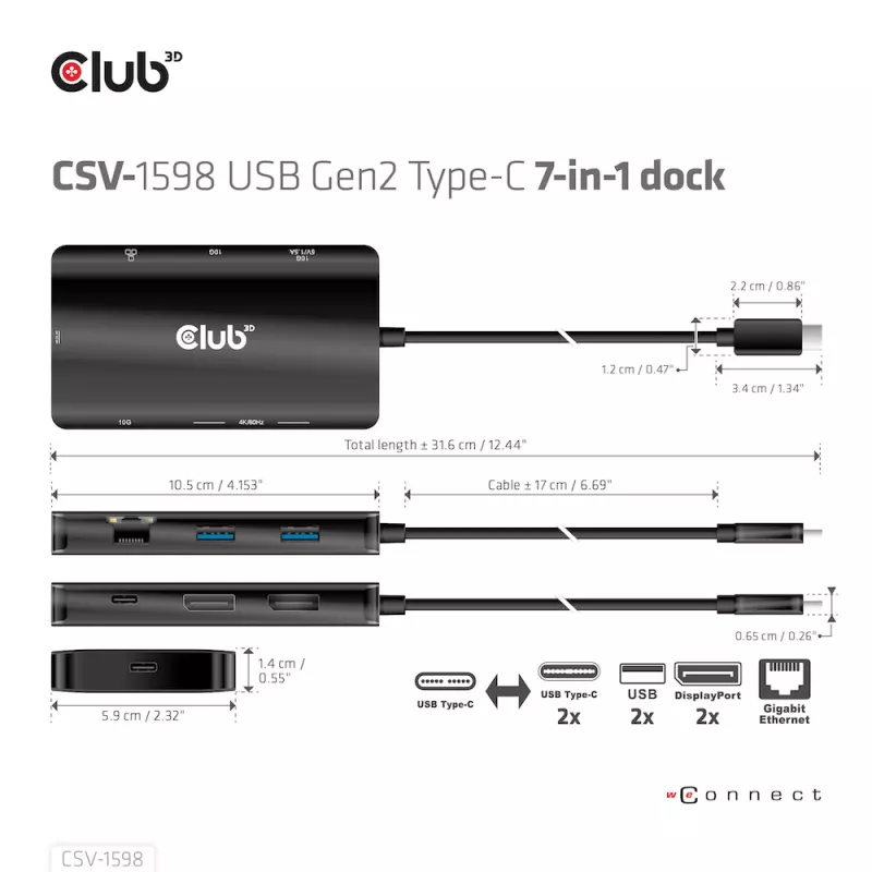 CLUB3D USB Gen2 USB-C to Dual DisplayPort 4k60Hz 7-in-1 HUB