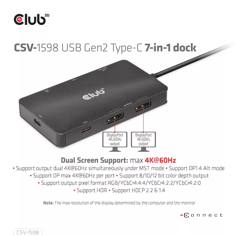 CLUB3D USB Gen2 USB-C to Dual DisplayPort 4k60Hz 7-in-1 HUB