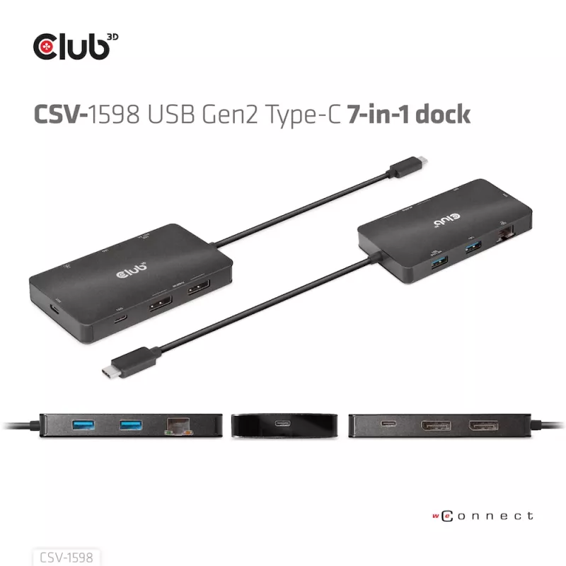 CLUB3D USB Gen2 USB-C to Dual DisplayPort 4k60Hz 7-in-1 HUB