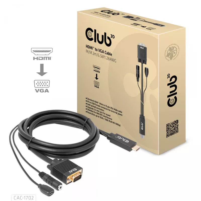 CLUB3D HDMI-VGA kaabel M/M 2m 28AWG