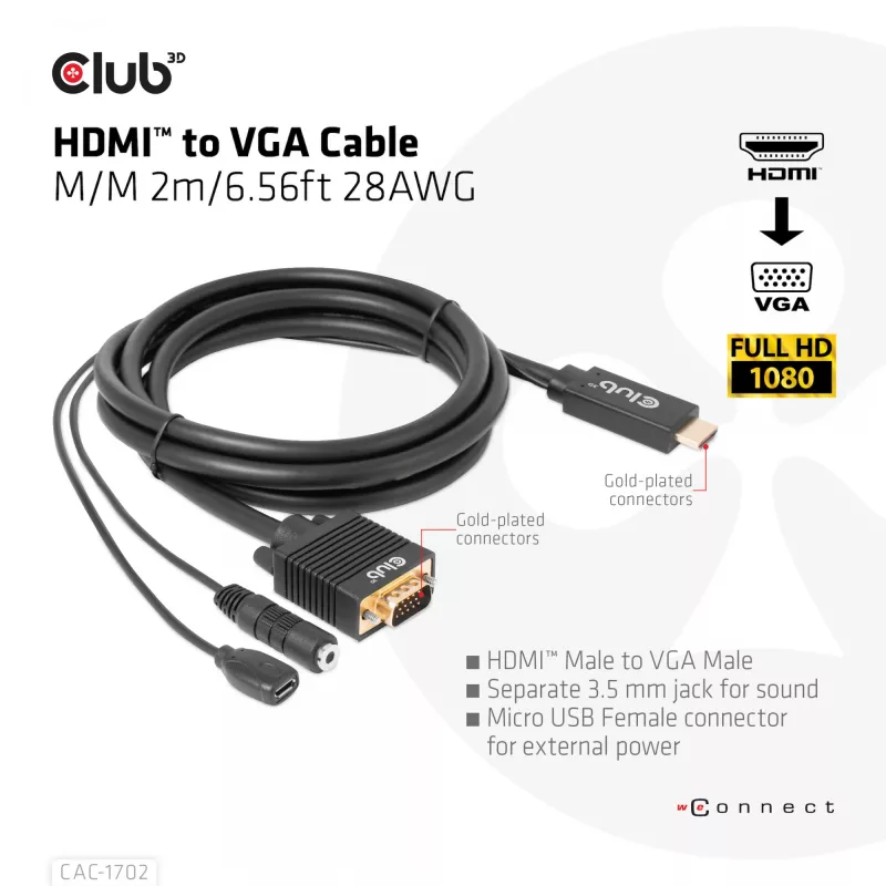 CLUB3D HDMI-VGA kaabel M/M 2m 28AWG