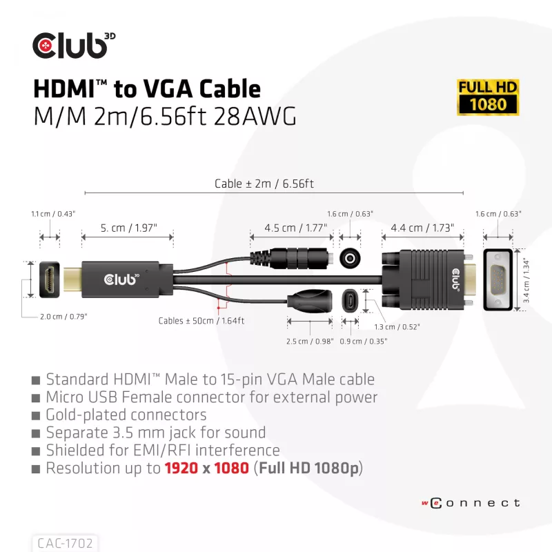 CLUB3D HDMI-VGA kaabel M/M 2m 28AWG