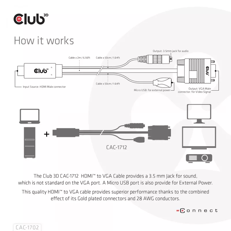 CLUB3D HDMI-VGA kaabel M/M 2m 28AWG