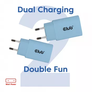 CLUB3D 2-Pack USB C Charger 30 Watt Whit, Indoor, AC, Blue