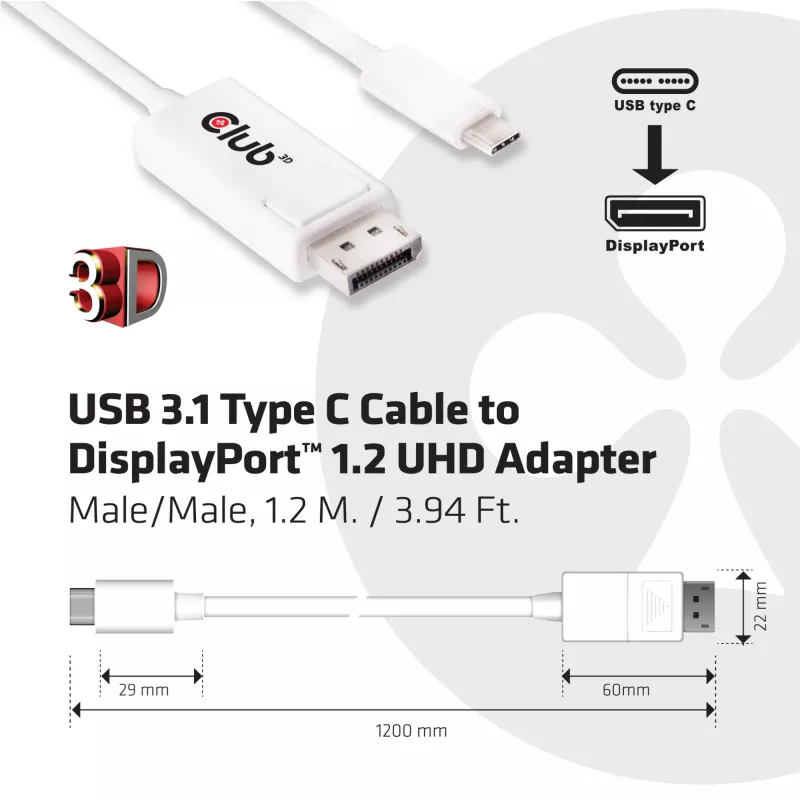 CLUB3D USB 3.1 Type C kaabel DisplayPort 1.2 UHD adapterile
