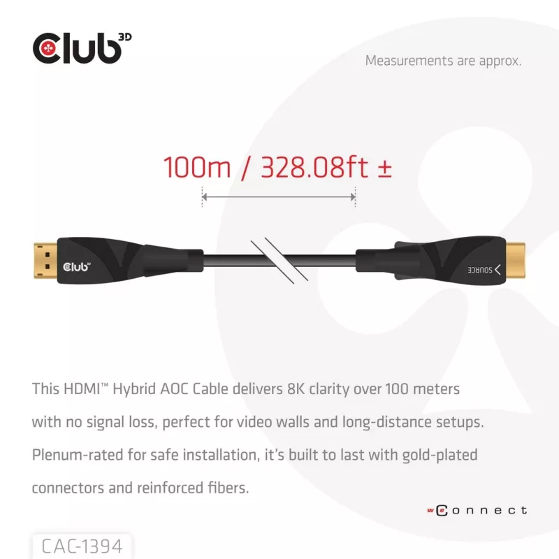 CLUB3D CAC-1394 ülikiire AOC-kaabel 4K120Hz/8K60Hz ühesuunaline M/M 100m