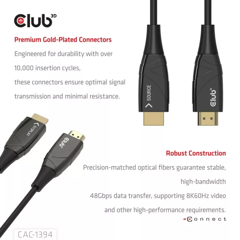 CLUB3D CAC-1394 ülikiire AOC-kaabel 4K120Hz/8K60Hz ühesuunaline M/M 100m