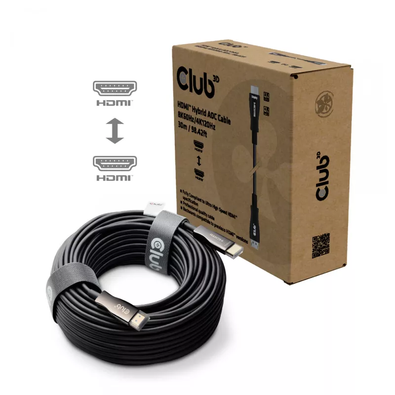 CLUB3D HDMI™ hübriidne AOC-kaabel 8K60Hz/4K120Hz 30 m / 98,42 jalga, 30 m, HDMI tüüp A (standard), HDMI tüüp A (standard), 48 Gbit/s, must