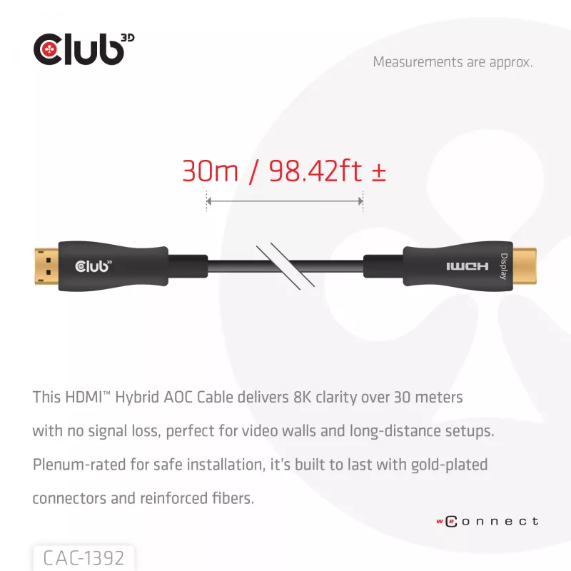 CLUB3D HDMI™ hübriidne AOC-kaabel 8K60Hz/4K120Hz 30 m / 98,42 jalga, 30 m, HDMI tüüp A (standard), HDMI tüüp A (standard), 48 Gbit/s, must
