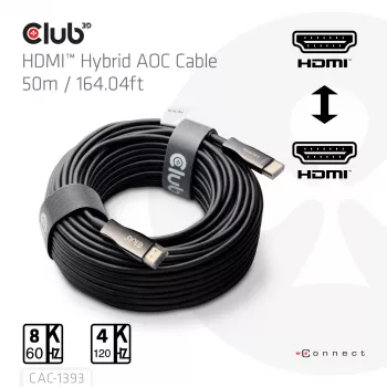 Club 3D HDMI hübriidne AOC-kaabel 8K60Hz / 4K120Hz 50 m, HDMI Type A isane-isane