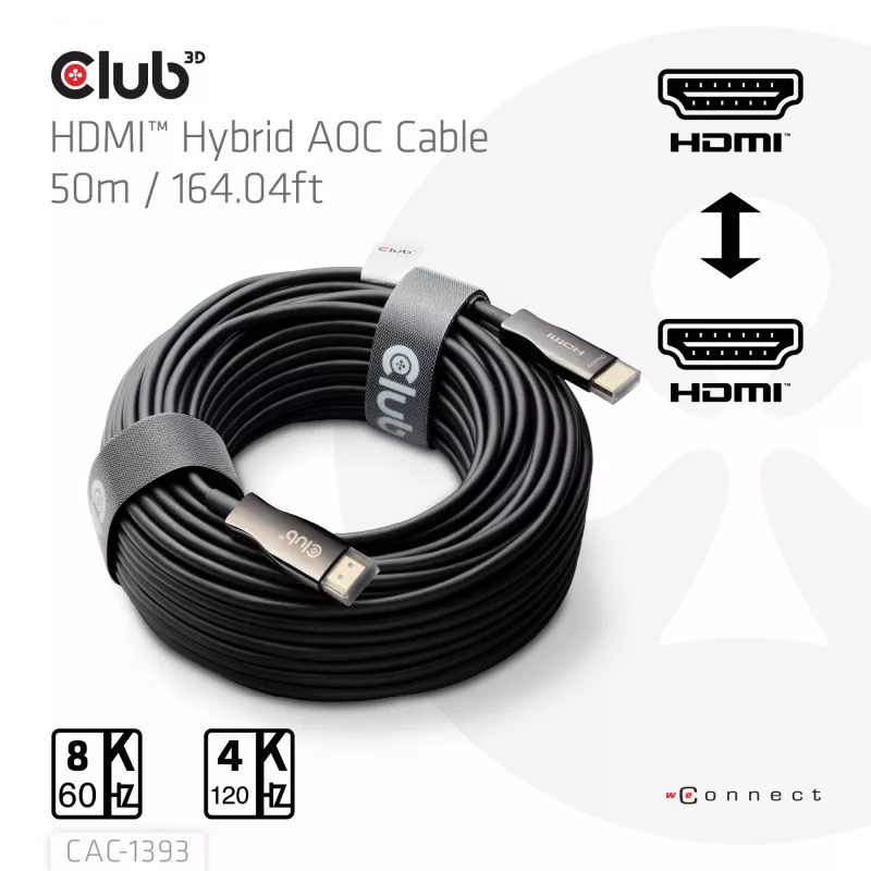 Club 3D HDMI hübriidne AOC-kaabel 8K60Hz / 4K120Hz 50 m, HDMI Type A isane-isane