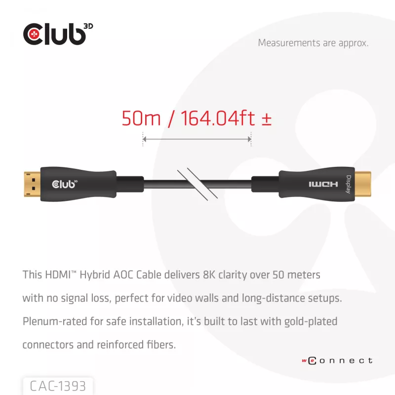 Club 3D HDMI hübriidne AOC-kaabel 8K60Hz / 4K120Hz 50 m, HDMI Type A isane-isane