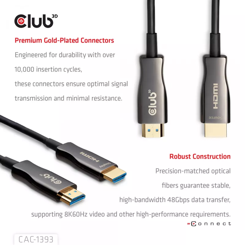 Club 3D HDMI hübriidne AOC-kaabel 8K60Hz / 4K120Hz 50 m, HDMI Type A isane-isane