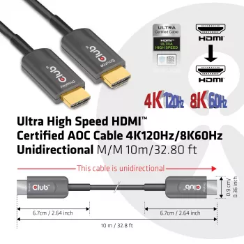 CLUB3D ülikõrge kiirusega HDMI™ sertifitseeritud AOC-kaabel 4K120Hz/8K60Hz ühesuunaline M/M 10 m/32,80 jalga