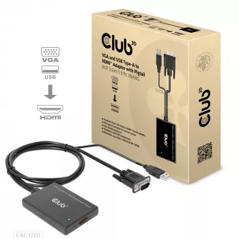 CLUB3D VGA ja USB Type-A HDMI-adapter sigatsabakaabliga M/F 0,6 m / 1,97 jalga 28 AWG