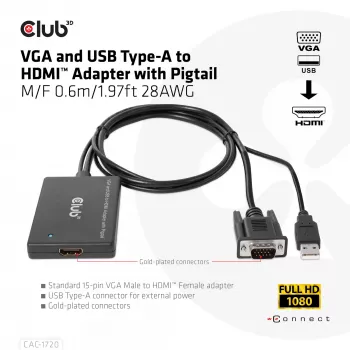 CLUB3D VGA ja USB Type-A HDMI-adapter sigatsabakaabliga M/F 0,6 m / 1,97 jalga 28 AWG