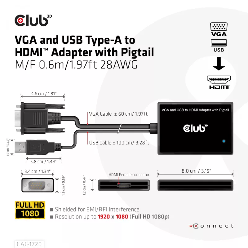 CLUB3D VGA ja USB Type-A HDMI-adapter sigatsabakaabliga M/F 0,6 m / 1,97 jalga 28 AWG