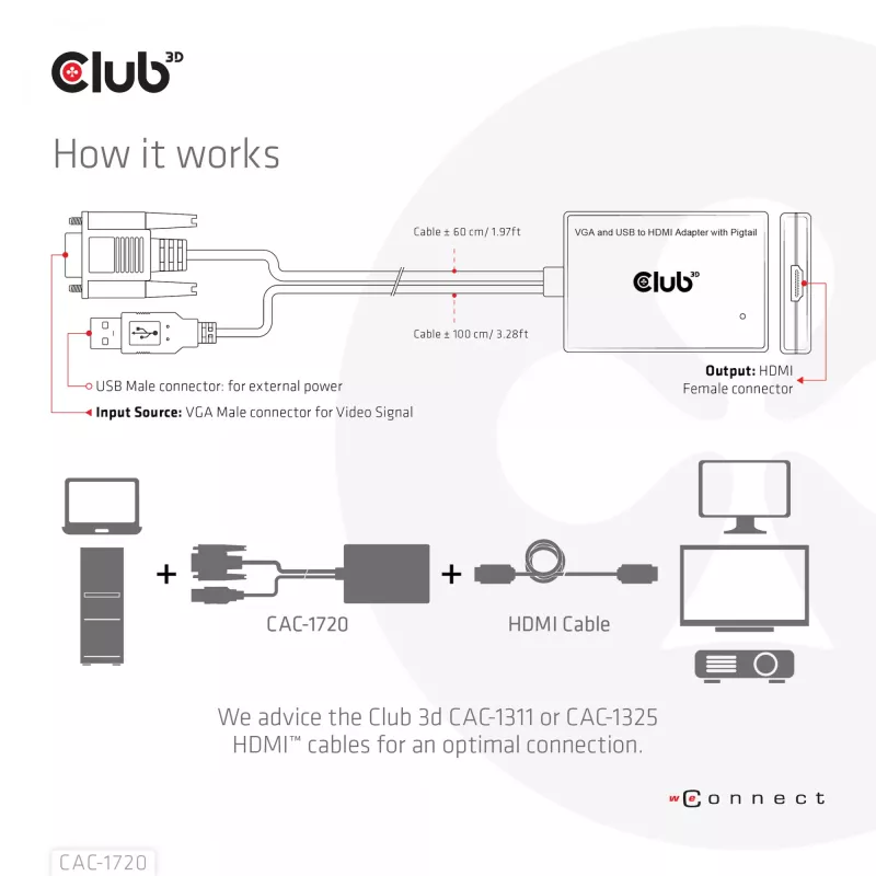 CLUB3D VGA ja USB Type-A HDMI-adapter sigatsabakaabliga M/F 0,6 m / 1,97 jalga 28 AWG
