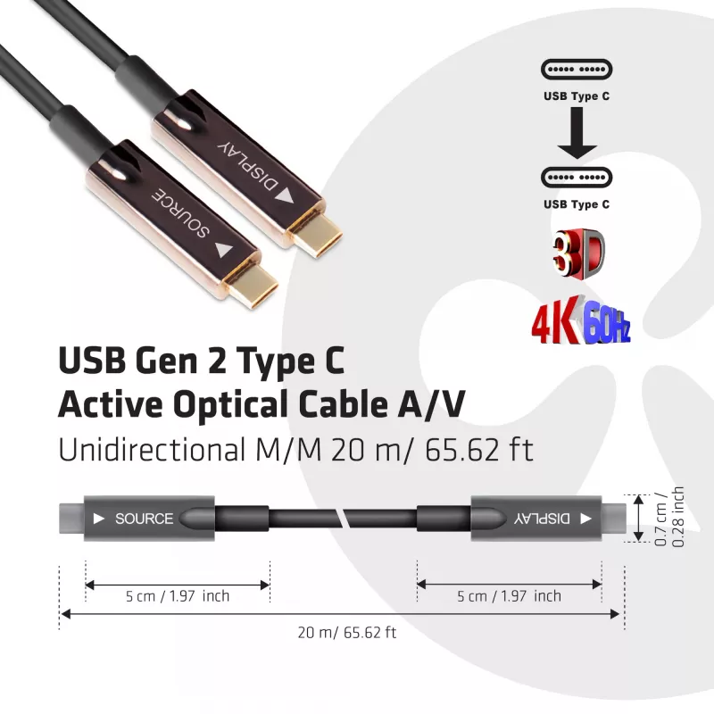 CLUB3D USB Gen 2 Type C aktiivne optiline kaabel A/V ühesuunaline M/M 20 m