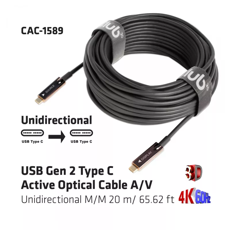 CLUB3D USB Gen 2 Type C aktiivne optiline kaabel A/V ühesuunaline M/M 20 m