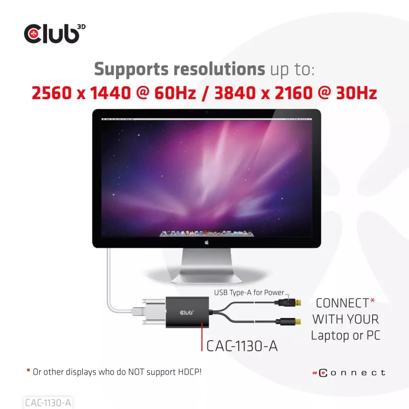 CLUB3D Mini DisplayPort to Dual Link DVI, HDCP OFF version Apple Cinema Display'de jaoks Aktiivneadapter