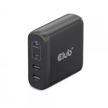 CLUB3D reisilaadija 100W GaN-tehnoloogiaga, nelja pordiga USB Type-A (2x) ja -C (2x), Power Delivery (PD) 3.0 tugi