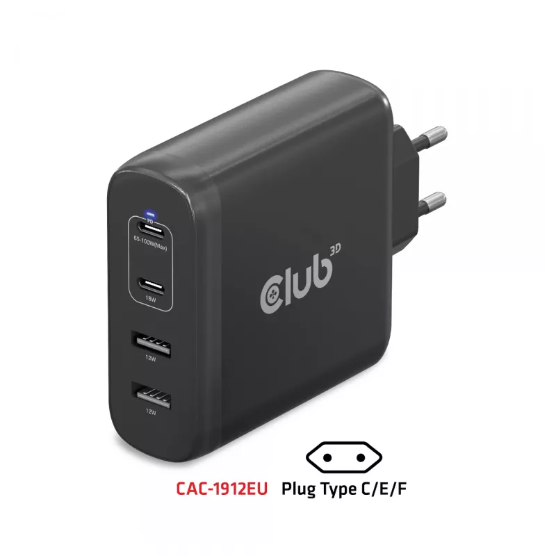 CLUB3D reisilaadija 100W GaN-tehnoloogiaga, nelja pordiga USB Type-A (2x) ja -C (2x), Power Delivery (PD) 3.0 tugi